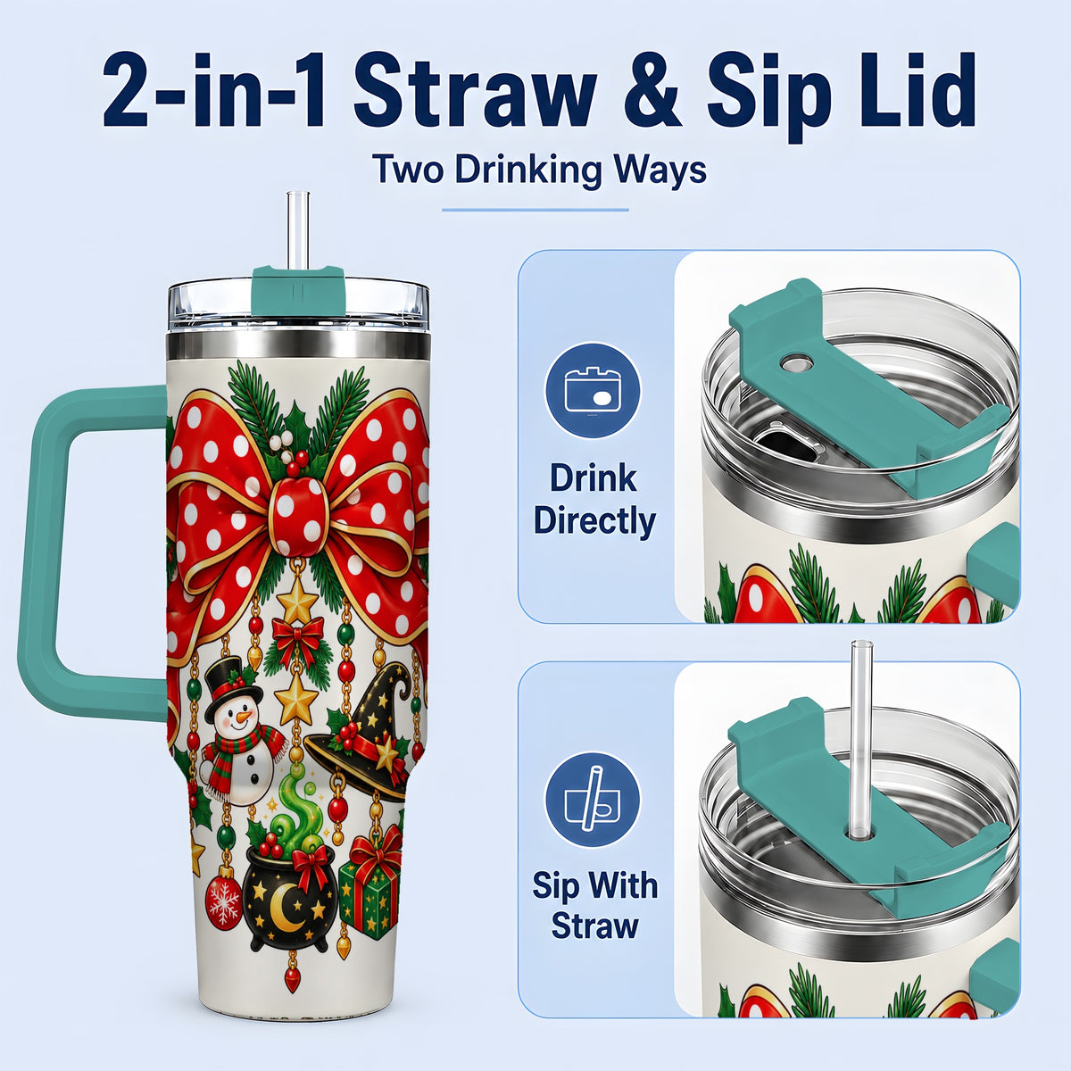 #pl[40oz|Green] Witch Hat Christmas Bow Tumbler, 40oz Handled Holiday Drinkware