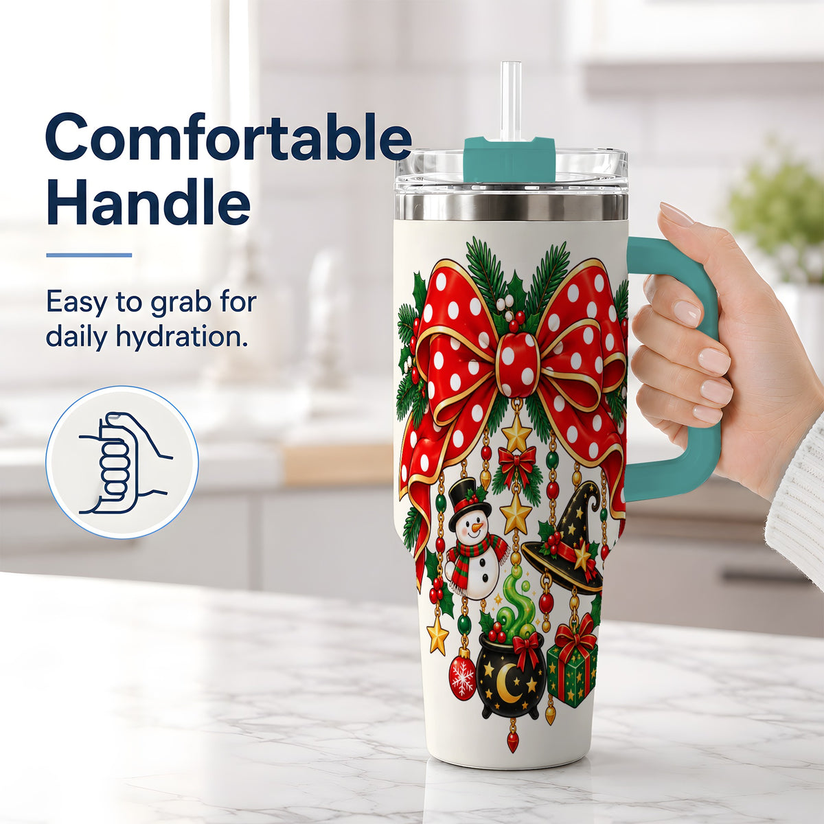 #pl[40oz|Green] Witch Hat Christmas Bow Tumbler, 40oz Handled Holiday Drinkware