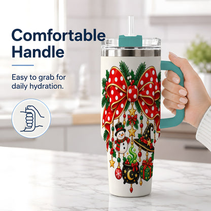 #pl[40oz|Green] Witch Hat Christmas Bow Tumbler, 40oz Handled Holiday Drinkware