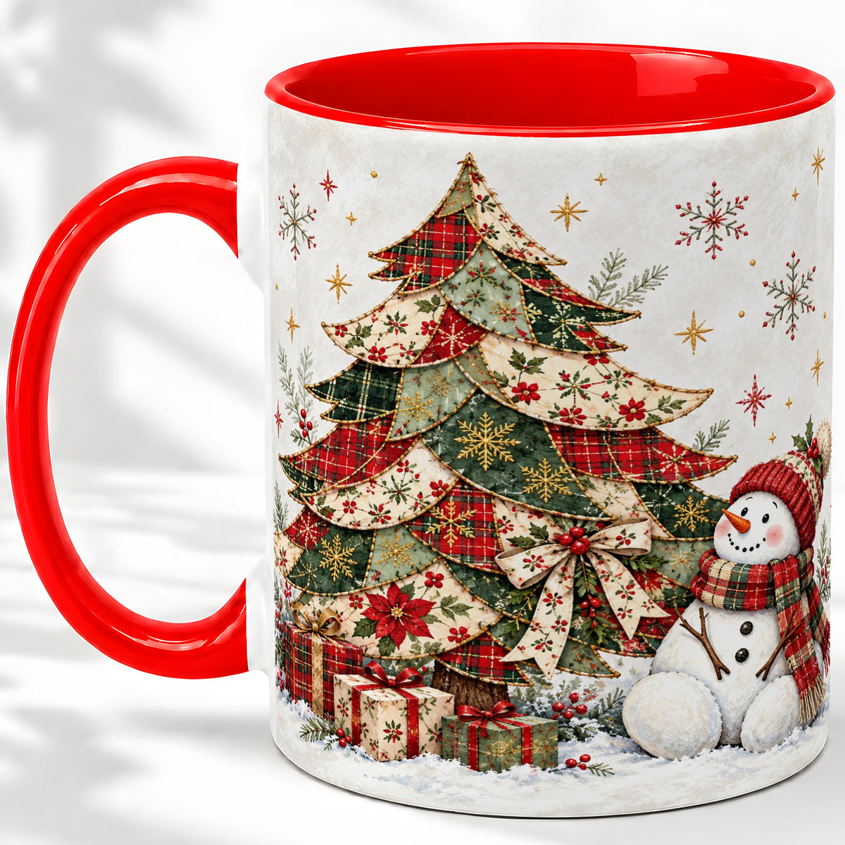Patchwork Christmas Tree Accent Mug, Ceramic Cup with Snowman Art