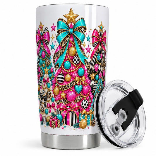 Colorful Christmas Trees Tumbler, 20oz Stainless Steel Holiday Cup