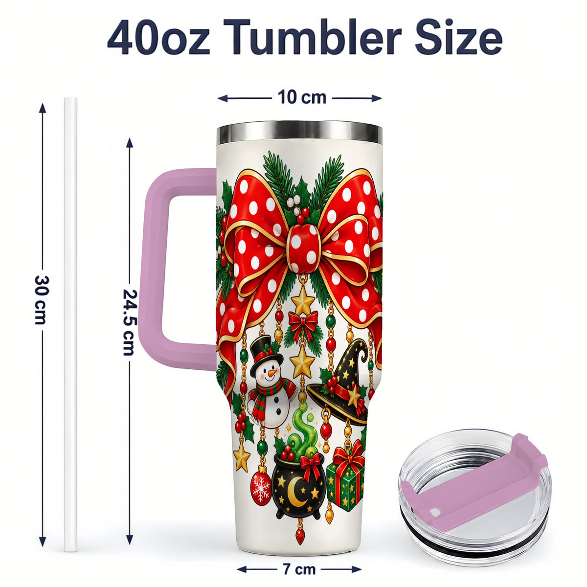 #pl[40oz|Pink] Witch Hat Christmas Bow Tumbler, 40oz Handled Holiday Drinkware