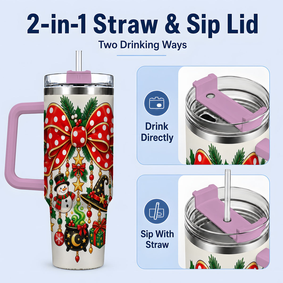 #pl[40oz|Pink] Witch Hat Christmas Bow Tumbler, 40oz Handled Holiday Drinkware