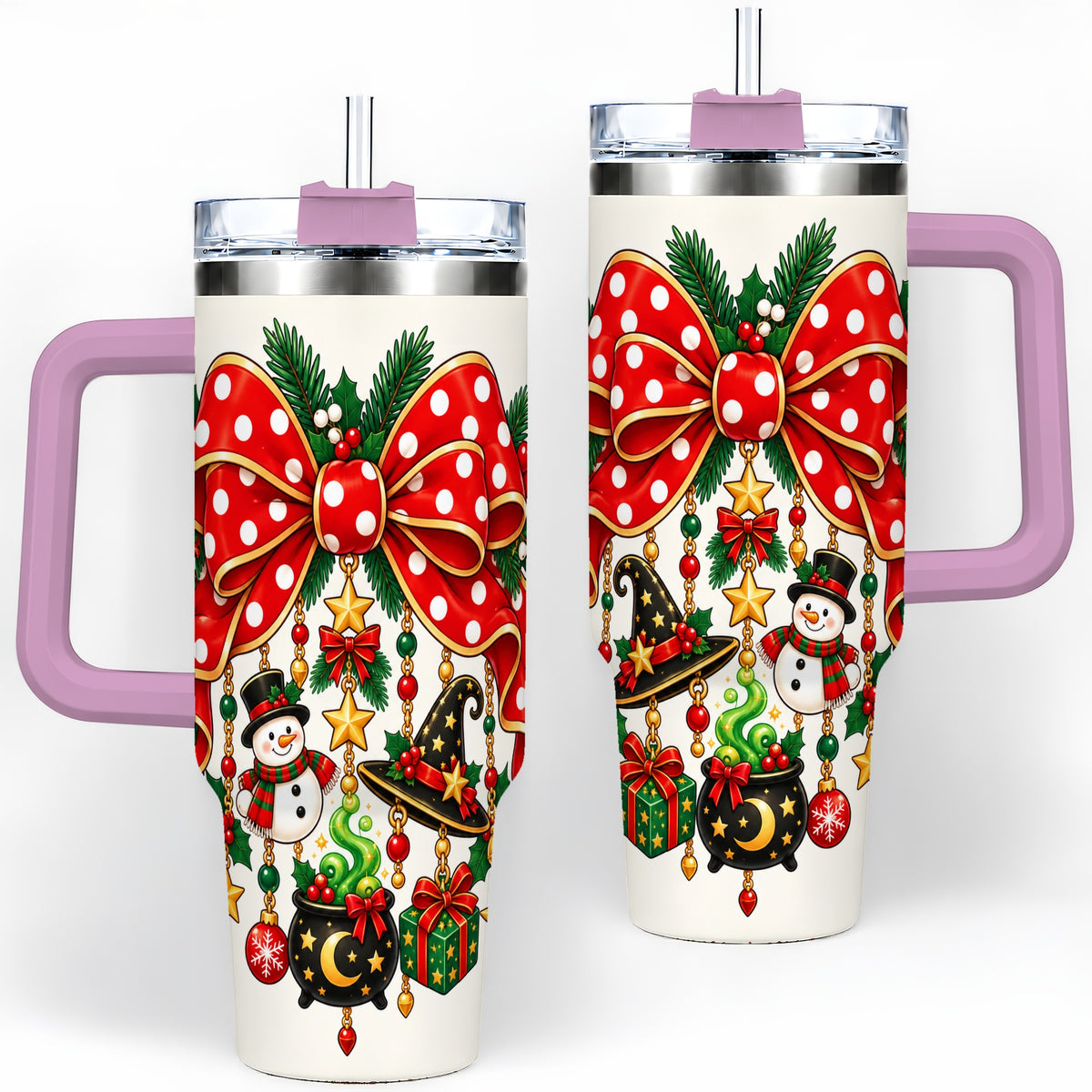 #pl[40oz|Pink] Witch Hat Christmas Bow Tumbler, 40oz Handled Holiday Drinkware