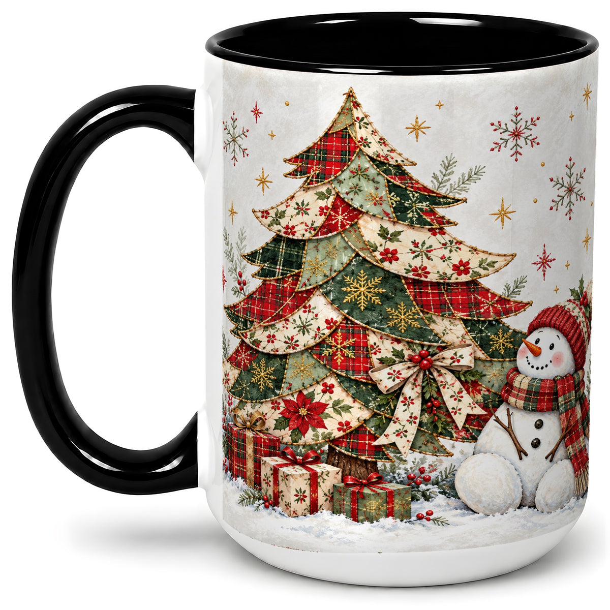 #pl[15oz|Black] Patchwork Christmas Tree Accent Mug, Ceramic Cup with Snowman Art