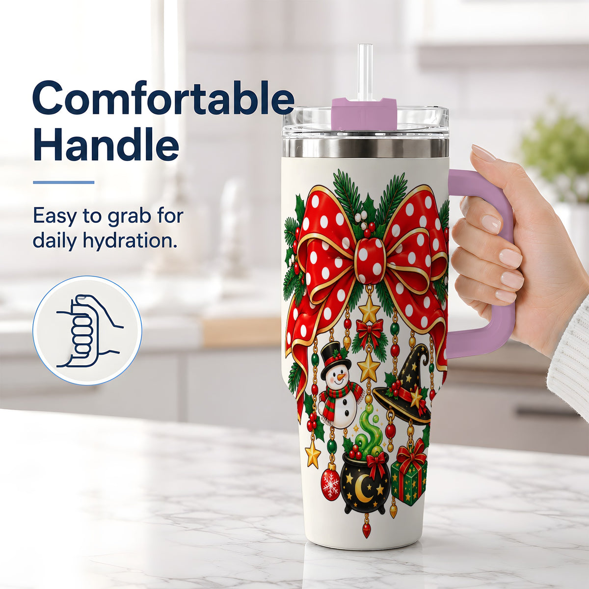 #pl[40oz|Pink] Witch Hat Christmas Bow Tumbler, 40oz Handled Holiday Drinkware