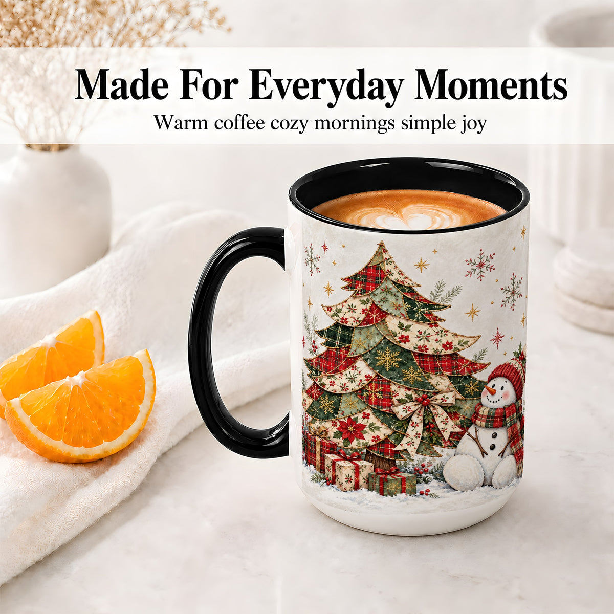 #pl[15oz|Black] Patchwork Christmas Tree Accent Mug, Ceramic Cup with Snowman Art