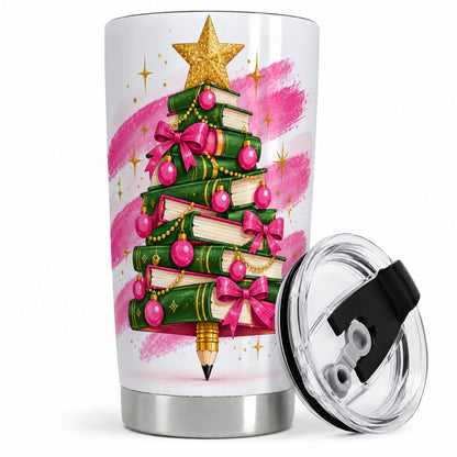 Christmas Book Tree Tumbler, 20oz Stainless Steel Cup for Book Lovers