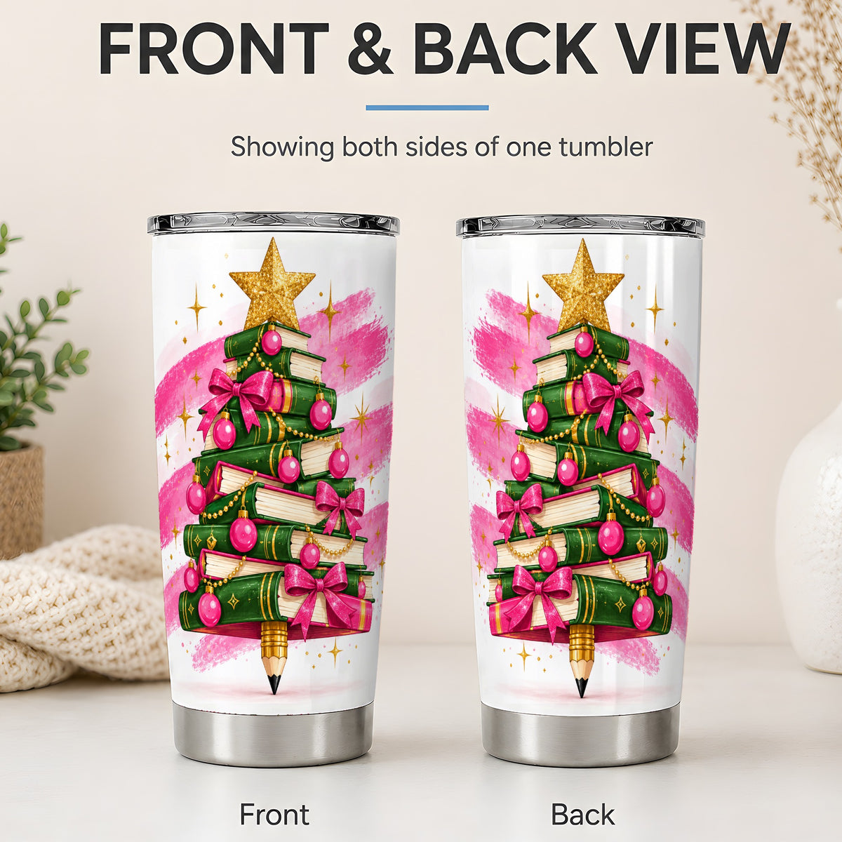 #pl[20oz|Steel] Christmas Book Tree Tumbler, 20oz Stainless Steel Cup for Book Lovers