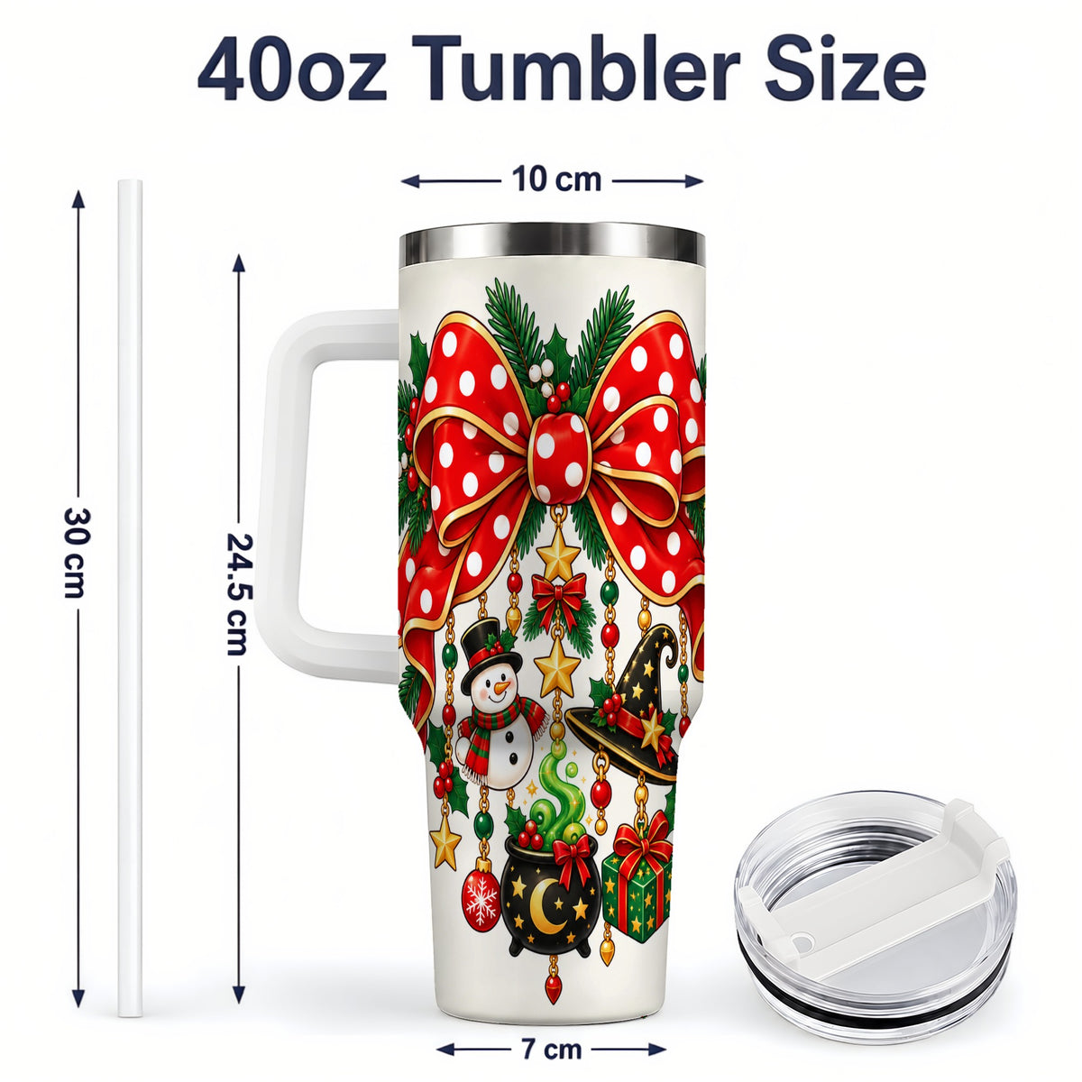 #pl[40oz|White] Witch Hat Christmas Bow Tumbler, 40oz Handled Holiday Drinkware