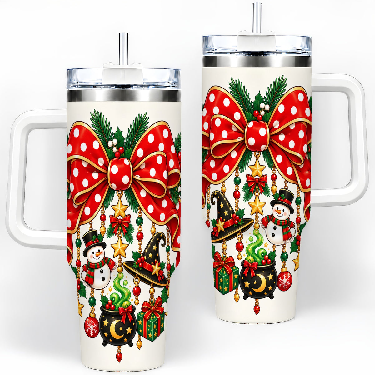 Witch Hat Christmas Bow Tumbler, 40oz Handled Holiday Drinkware