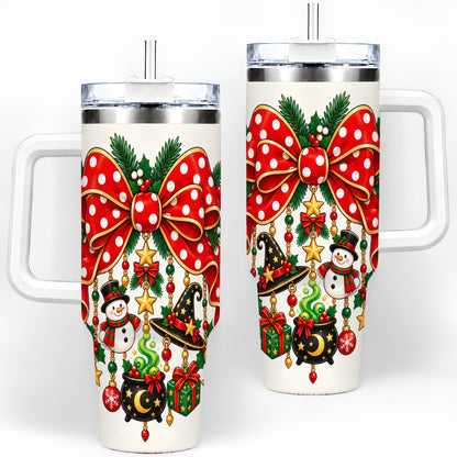 Witch Hat Christmas Bow Tumbler, 40oz Handled Holiday Drinkware