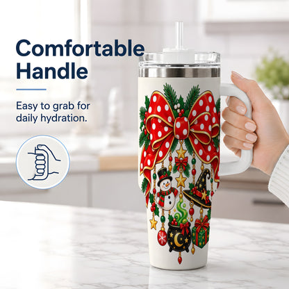 #pl[40oz|White] Witch Hat Christmas Bow Tumbler, 40oz Handled Holiday Drinkware