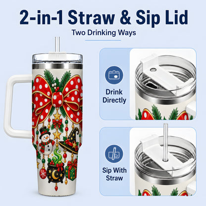 #pl[40oz|White] Witch Hat Christmas Bow Tumbler, 40oz Handled Holiday Drinkware