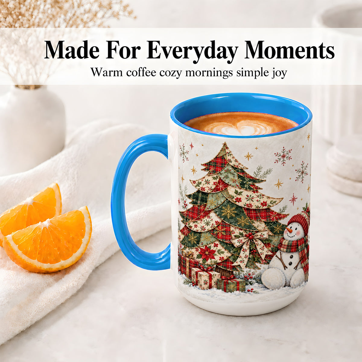 #pl[15oz|Blue] Patchwork Christmas Tree Accent Mug, Ceramic Cup with Snowman Art