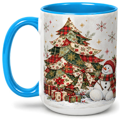 #pl[15oz|Blue] Patchwork Christmas Tree Accent Mug, Ceramic Cup with Snowman Art