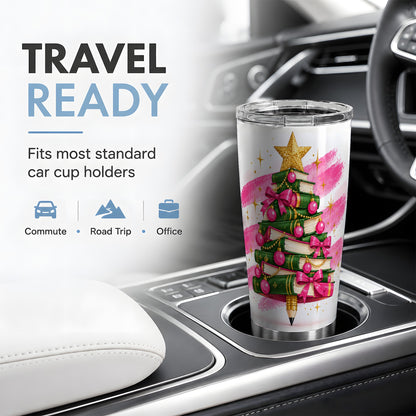Christmas Book Tree Tumbler, 20oz Stainless Steel Cup for Book Lovers