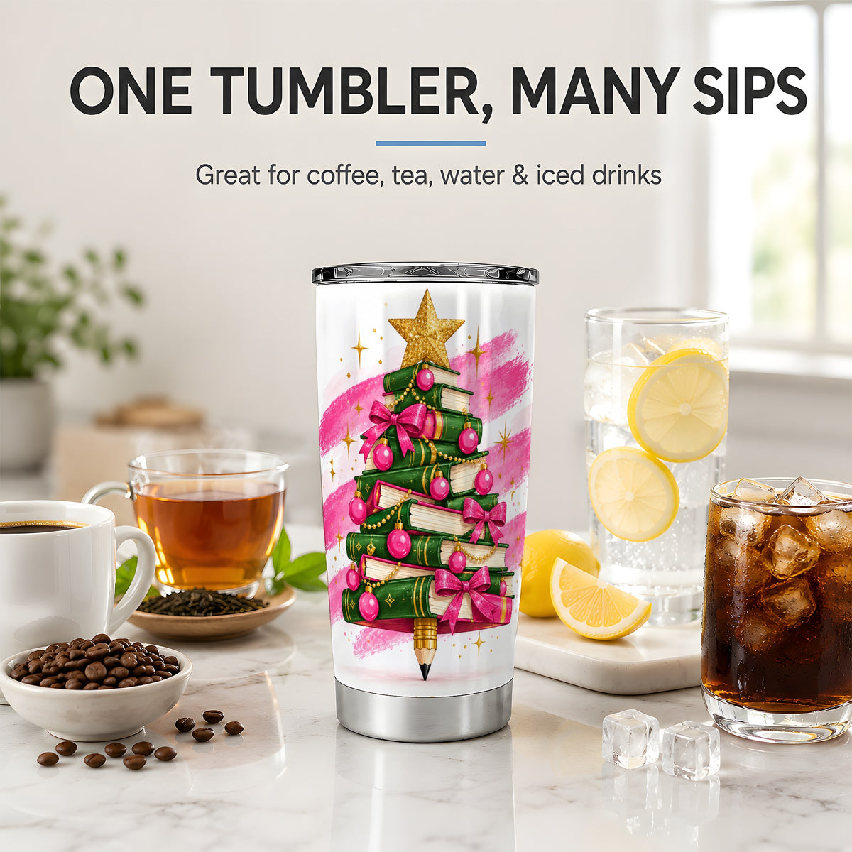 Christmas Book Tree Tumbler, 20oz Stainless Steel Cup for Book Lovers