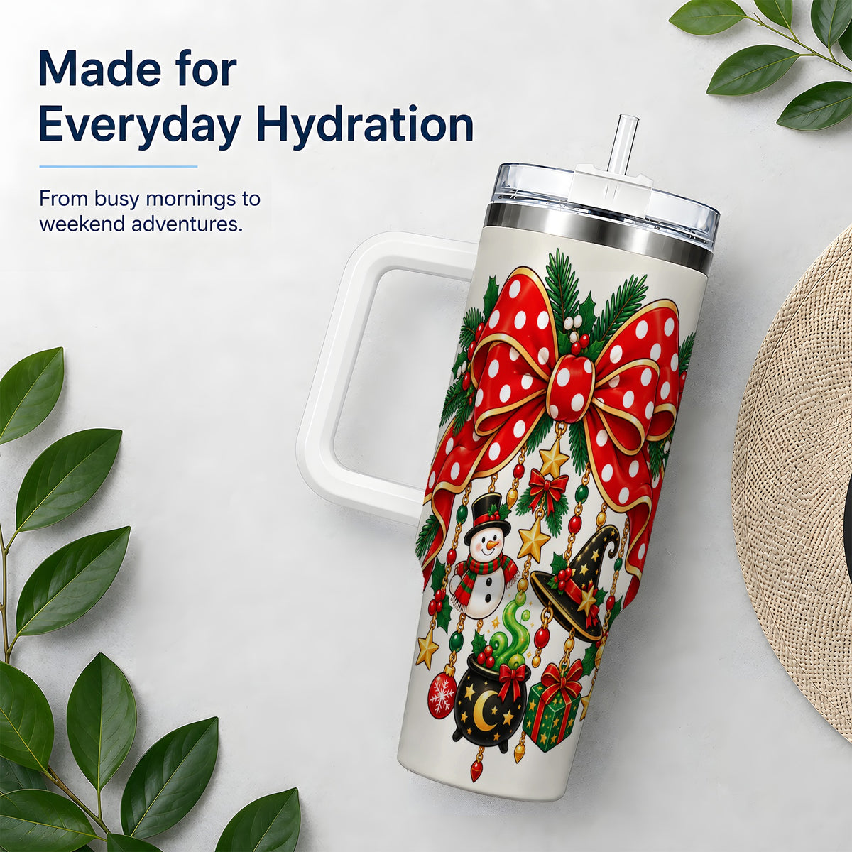 Witch Hat Christmas Bow Tumbler, 40oz Handled Holiday Drinkware