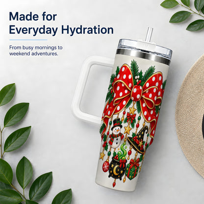 Witch Hat Christmas Bow Tumbler, 40oz Handled Holiday Drinkware