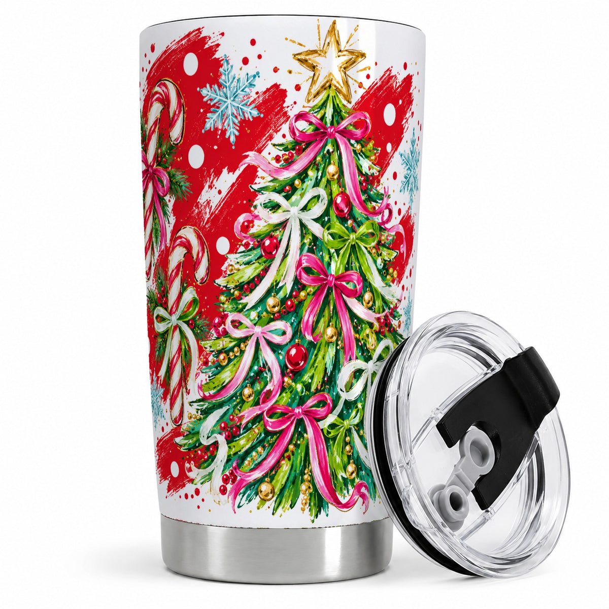 Pink Bow Christmas Tree Tumbler, 20oz Stainless Steel Holiday Cup