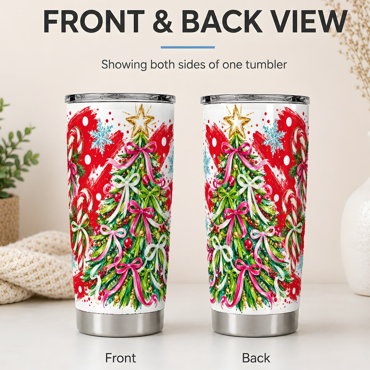 #pl[20oz|Steel] Pink Bow Christmas Tree Tumbler, 20oz Stainless Steel Holiday Cup
