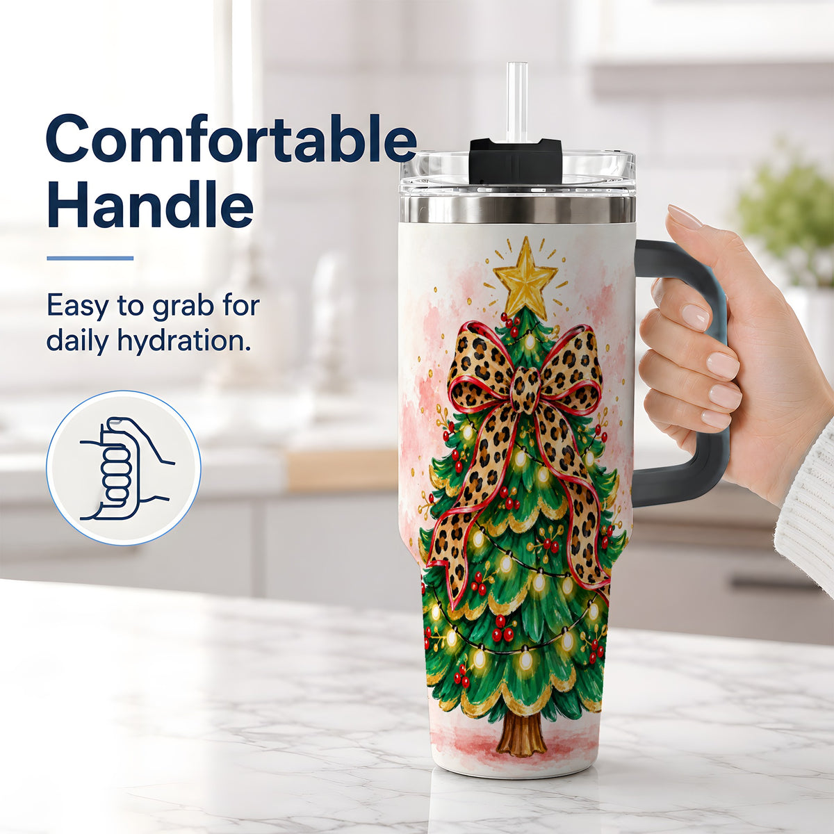 #pl[40oz|Black] Leopard Print Christmas Tree Tumbler, 40oz Handled Holiday Drinkware