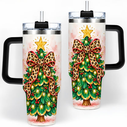 #pl[40oz|Black] Leopard Print Christmas Tree Tumbler, 40oz Handled Holiday Drinkware