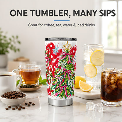 Pink Bow Christmas Tree Tumbler, 20oz Stainless Steel Holiday Cup