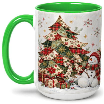 #pl[15oz|Green] Patchwork Christmas Tree Accent Mug, Ceramic Cup with Snowman Art