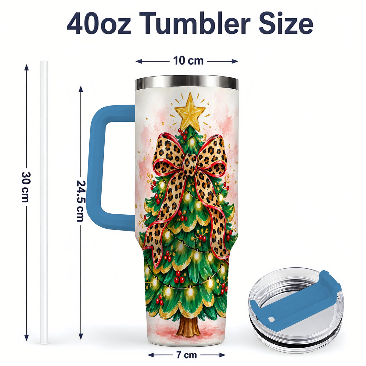#pl[40oz|Blue] Leopard Print Christmas Tree Tumbler, 40oz Handled Holiday Drinkware