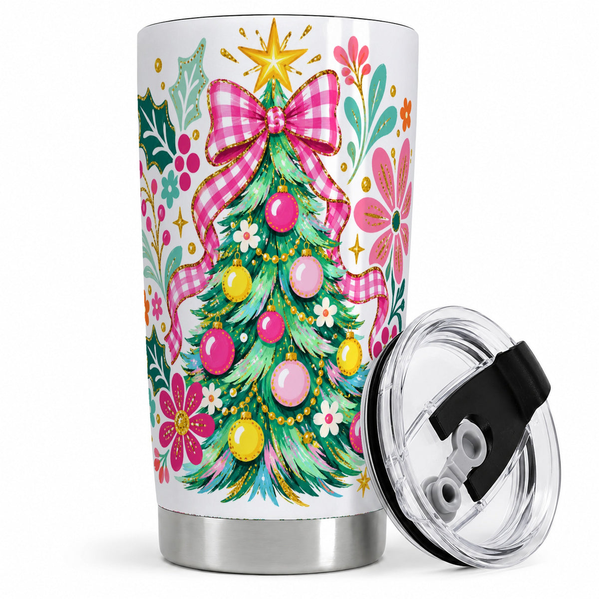 Pink Gingham Christmas Tree Tumbler, 20oz Stainless Steel Drinkware