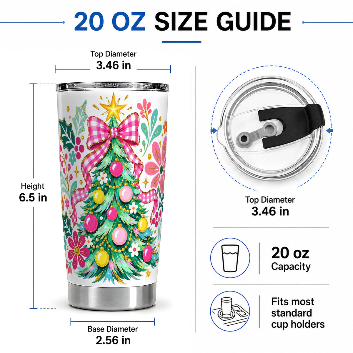 #pl[20oz|Steel] Pink Gingham Christmas Tree Tumbler, 20oz Stainless Steel Drinkware