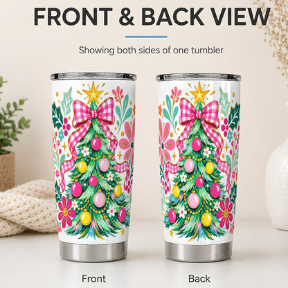 #pl[20oz|Steel] Pink Gingham Christmas Tree Tumbler, 20oz Stainless Steel Drinkware