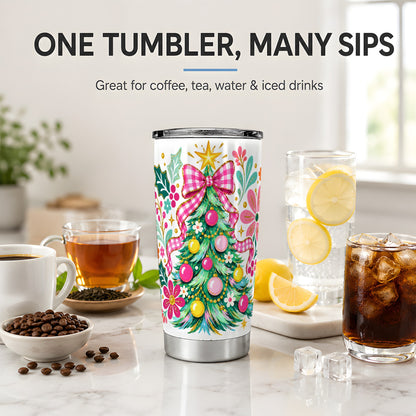 Pink Gingham Christmas Tree Tumbler, 20oz Stainless Steel Drinkware
