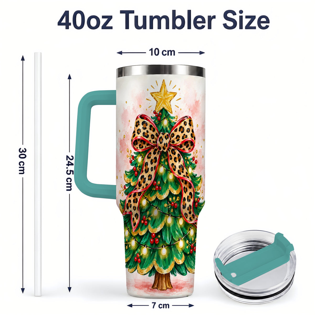 #pl[40oz|Green] Leopard Print Christmas Tree Tumbler, 40oz Handled Holiday Drinkware