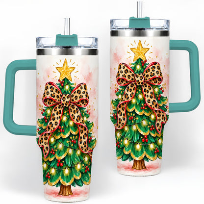 #pl[40oz|Green] Leopard Print Christmas Tree Tumbler, 40oz Handled Holiday Drinkware