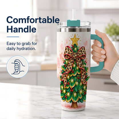 #pl[40oz|Green] Leopard Print Christmas Tree Tumbler, 40oz Handled Holiday Drinkware