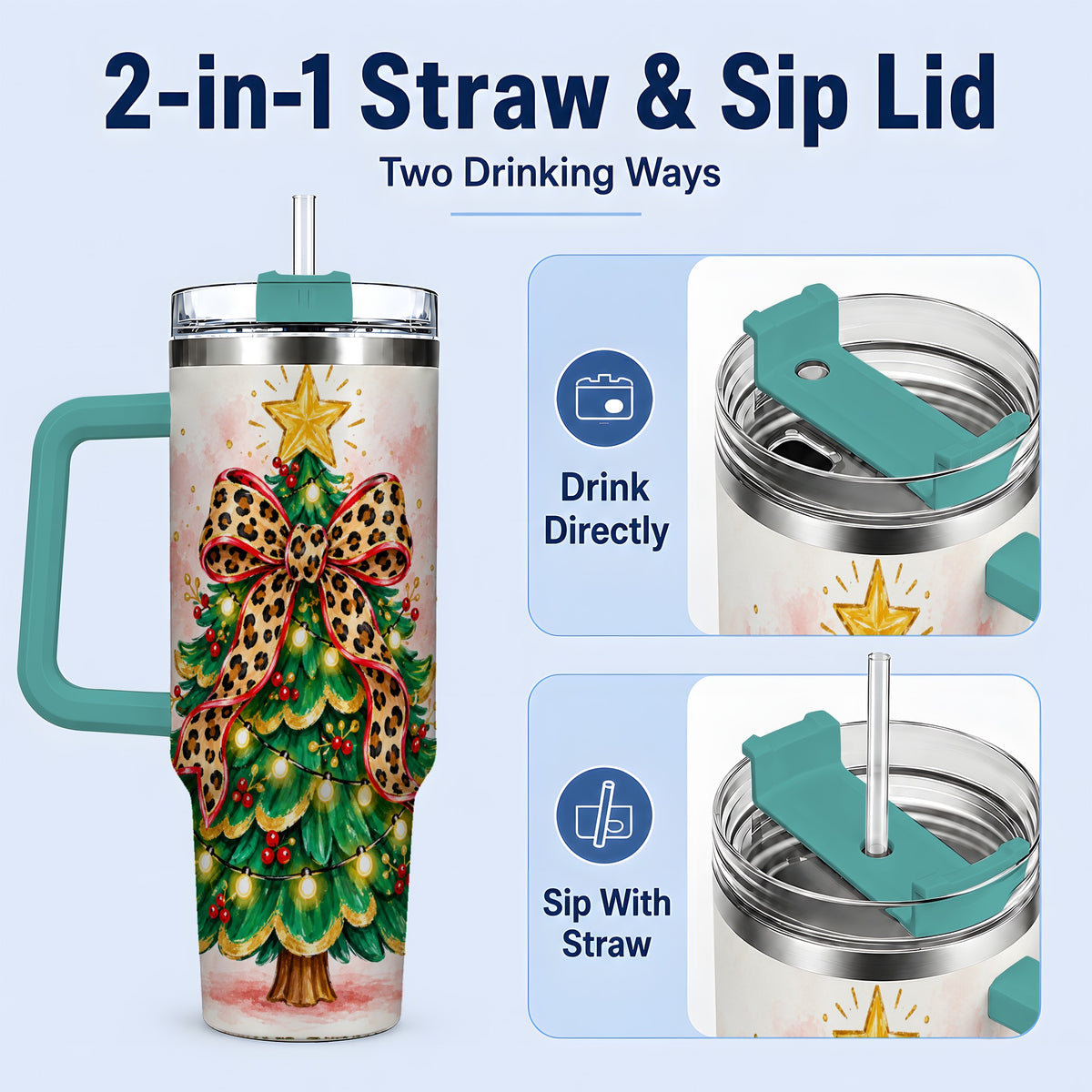 #pl[40oz|Green] Leopard Print Christmas Tree Tumbler, 40oz Handled Holiday Drinkware