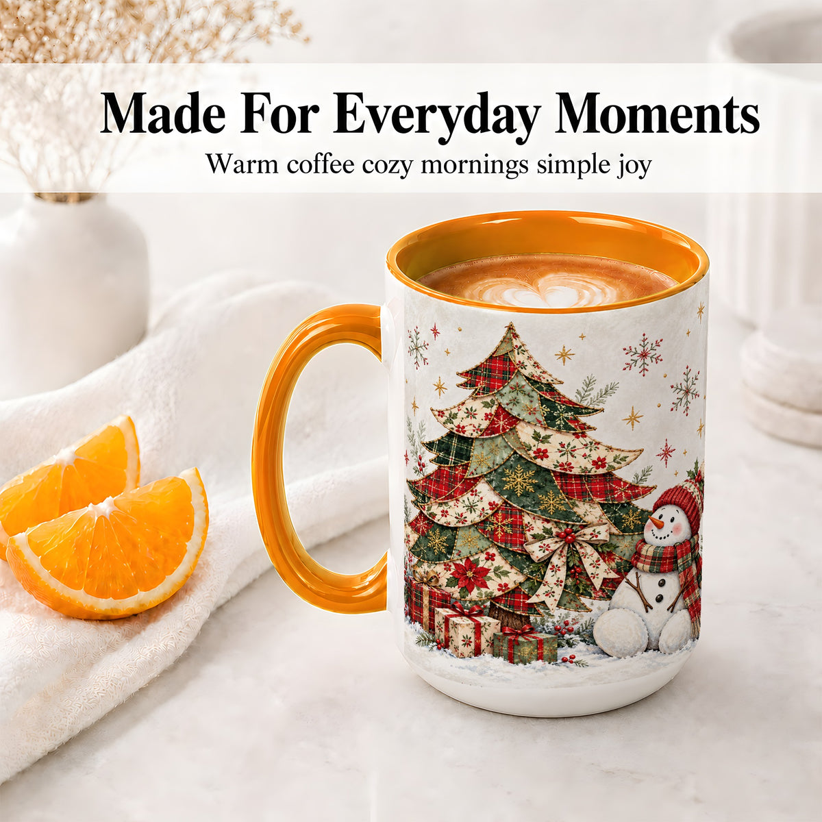 #pl[15oz|Orange] Patchwork Christmas Tree Accent Mug, Ceramic Cup with Snowman Art