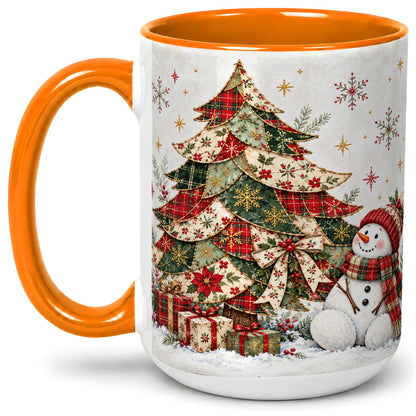 #pl[15oz|Orange] Patchwork Christmas Tree Accent Mug, Ceramic Cup with Snowman Art