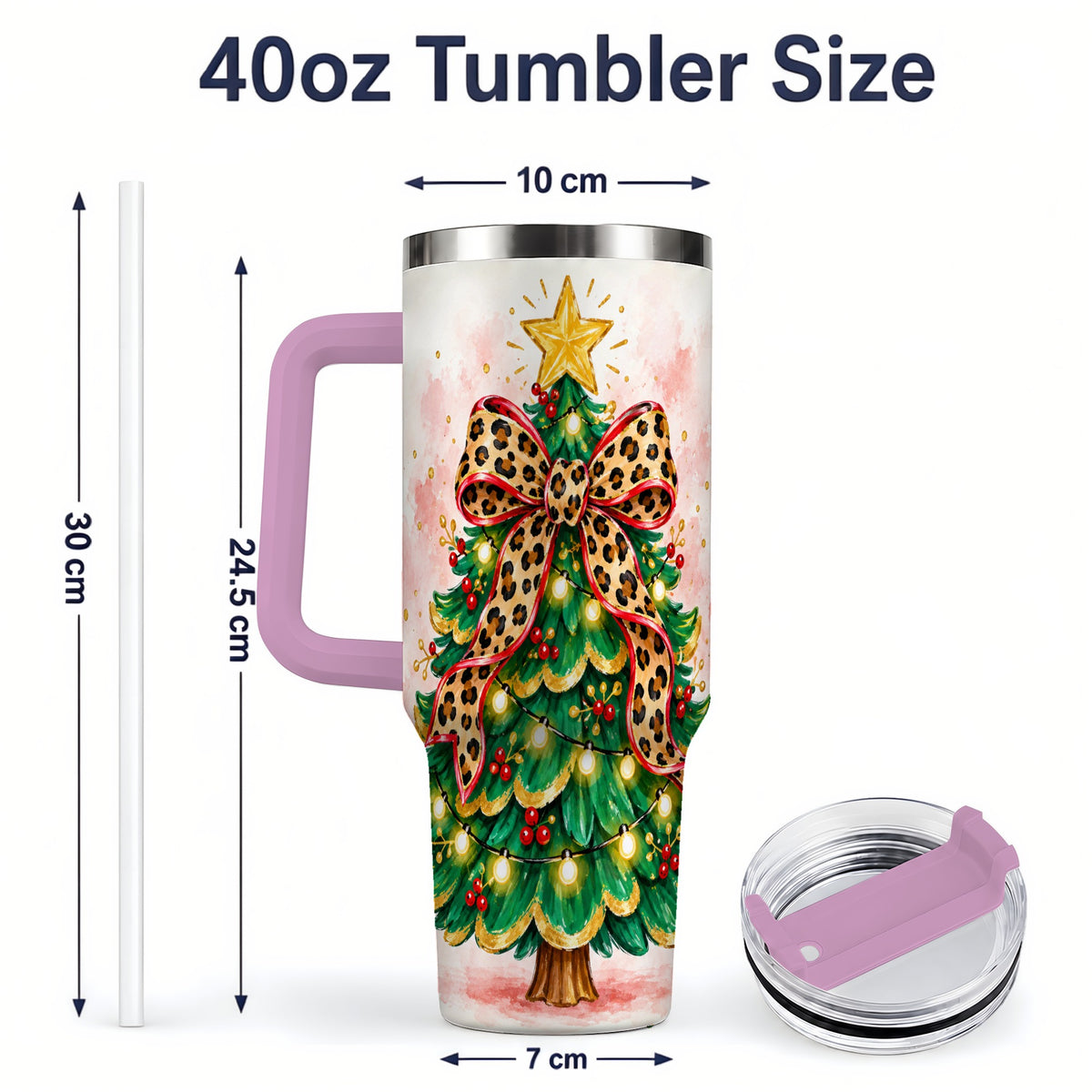 #pl[40oz|Pink] Leopard Print Christmas Tree Tumbler, 40oz Handled Holiday Drinkware