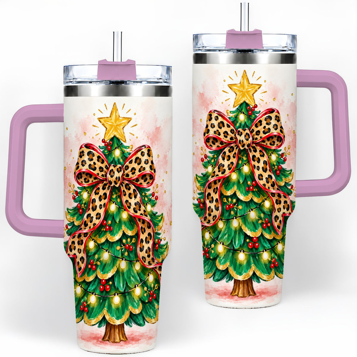#pl[40oz|Pink] Leopard Print Christmas Tree Tumbler, 40oz Handled Holiday Drinkware