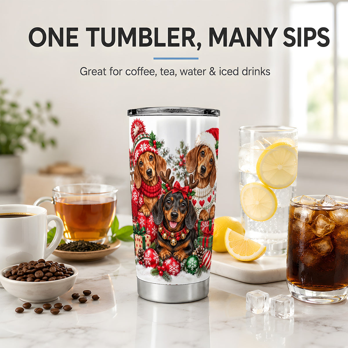 Christmas Dachshund Dogs Tumbler, 20oz Stainless Steel Drinkware