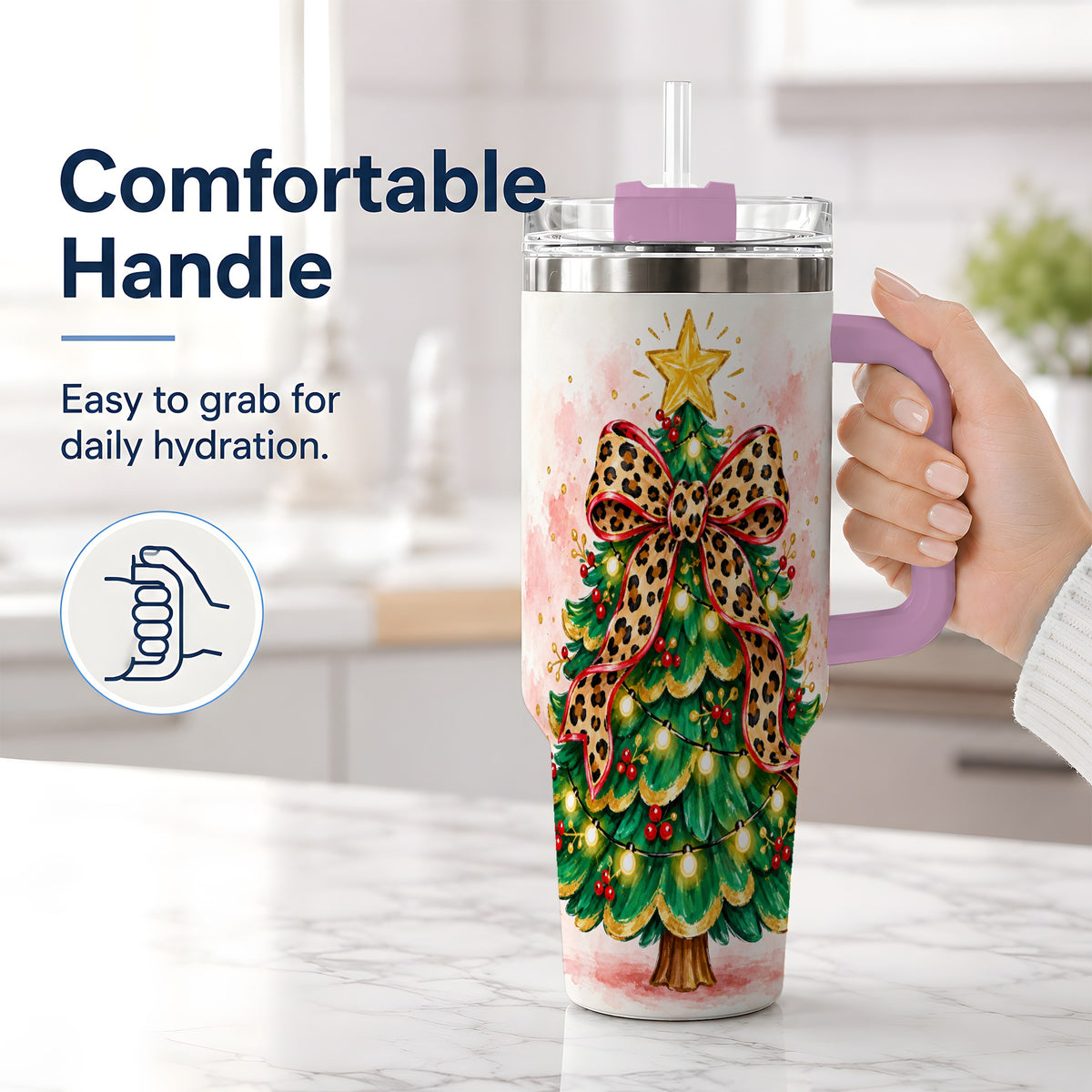 #pl[40oz|Pink] Leopard Print Christmas Tree Tumbler, 40oz Handled Holiday Drinkware