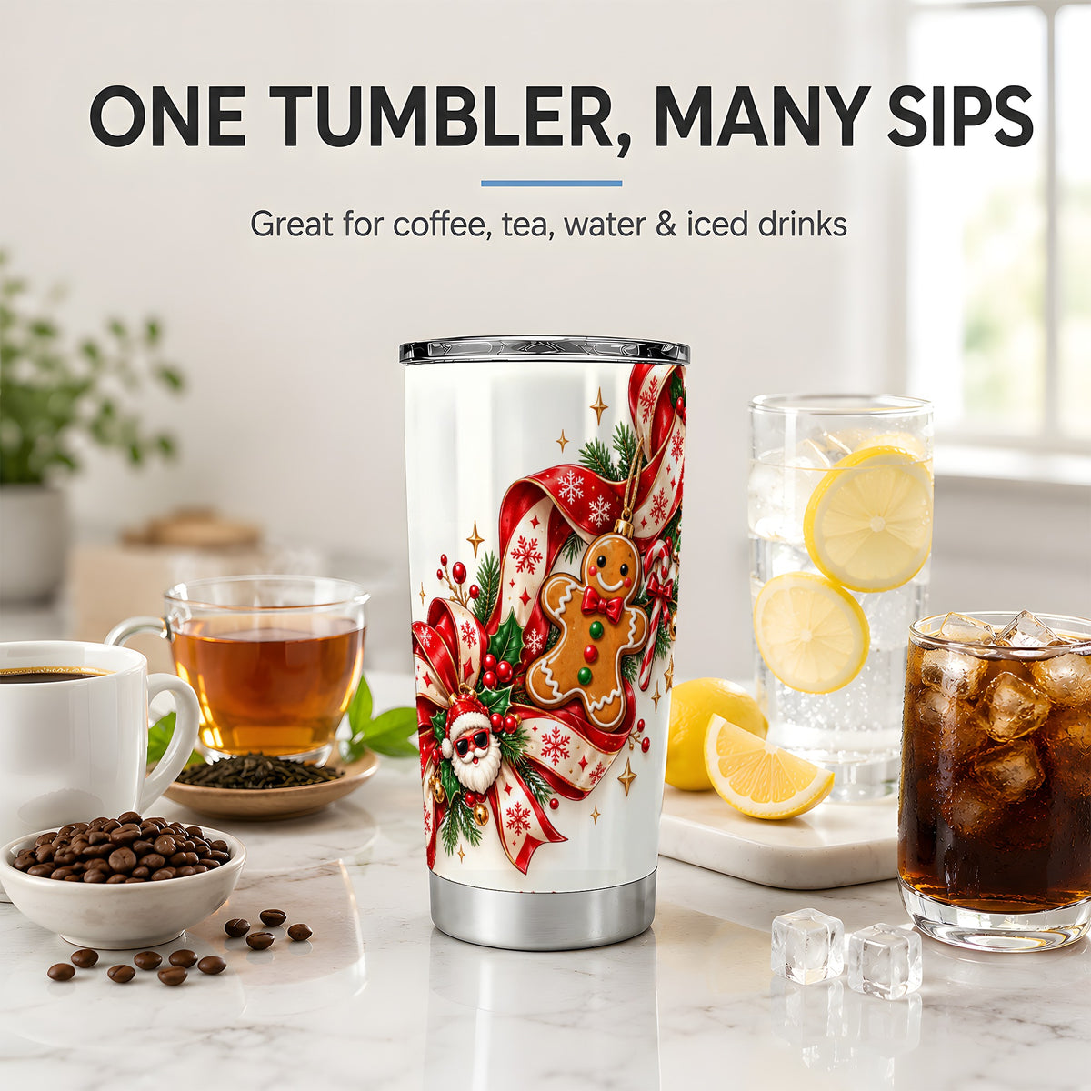 Christmas Gingerbread Tumbler, 20oz Stainless Steel Holiday Drinkware
