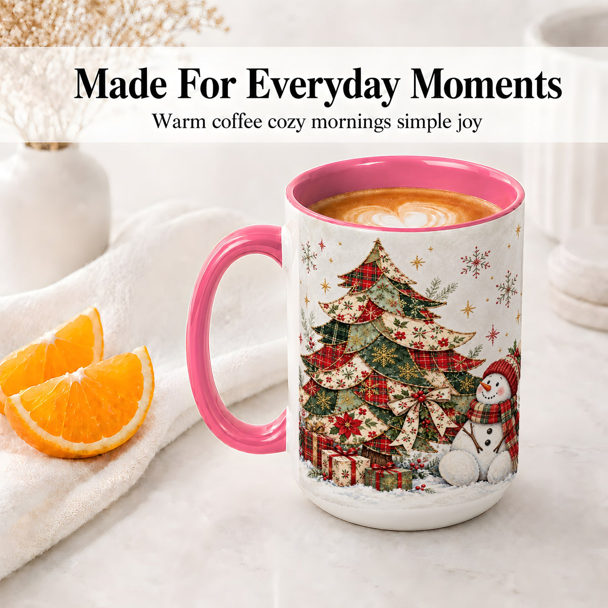 #pl[15oz|Pink] Patchwork Christmas Tree Accent Mug, Ceramic Cup with Snowman Art
