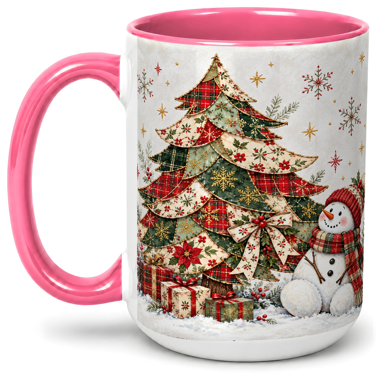 #pl[15oz|Pink] Patchwork Christmas Tree Accent Mug, Ceramic Cup with Snowman Art