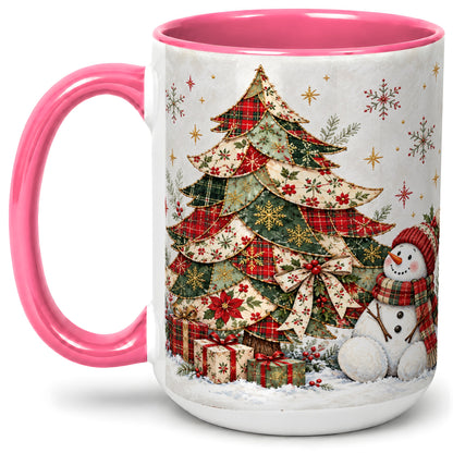#pl[15oz|Pink] Patchwork Christmas Tree Accent Mug, Ceramic Cup with Snowman Art