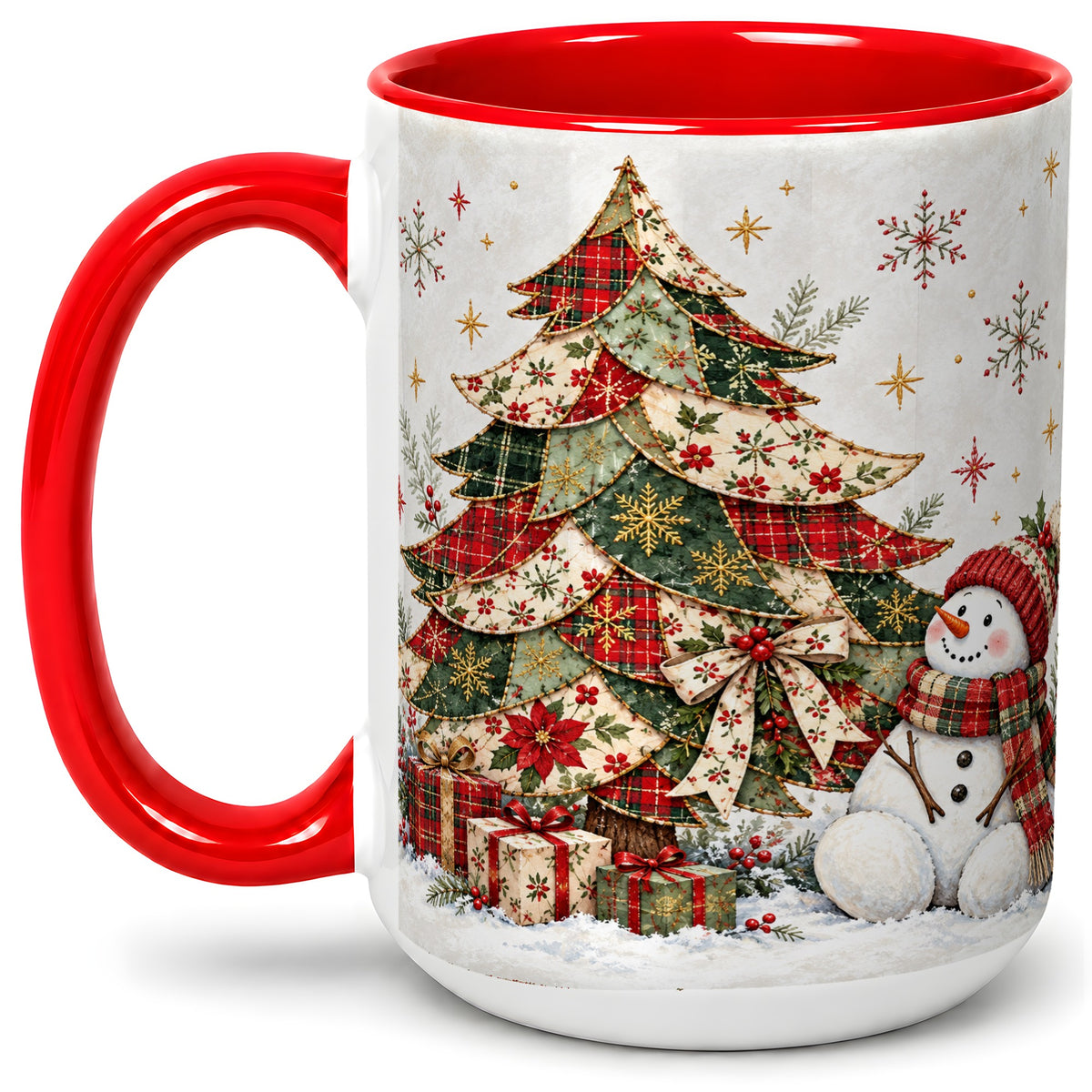 #pl[15oz|Red] Patchwork Christmas Tree Accent Mug, Ceramic Cup with Snowman Art
